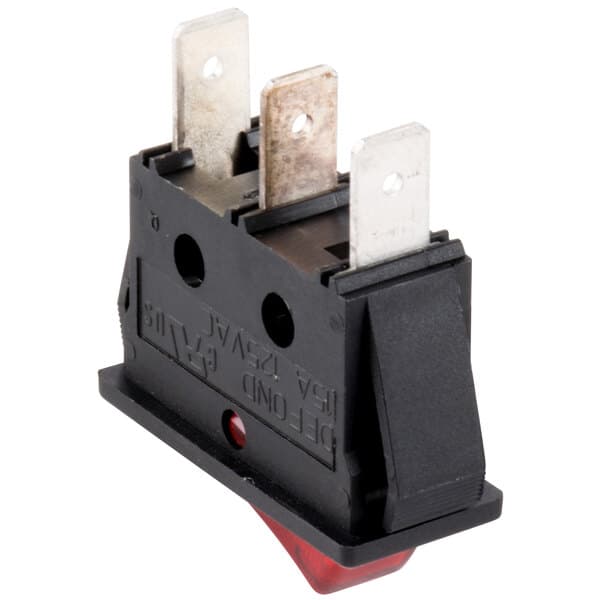A white rectangular Avantco On / Off rocker switch with a round hole and two red lights.