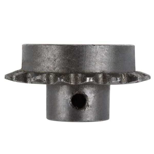A close-up of a black metal gear with holes on the end.