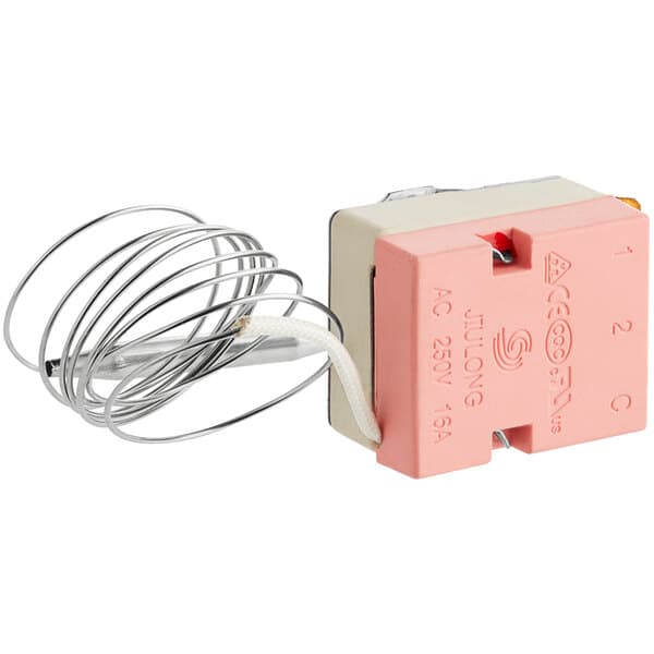 An Avantco Replacement Thermostat, a small pink and white electronic device with wires.