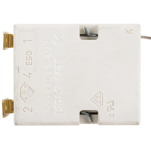 A white rectangular electrical switch with metal wires.