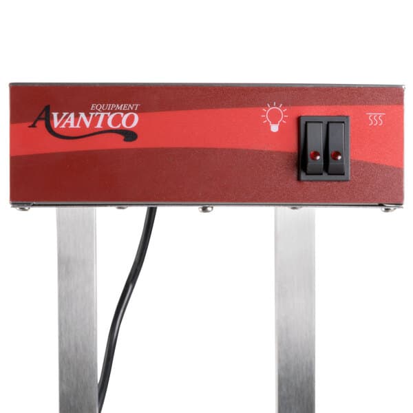 A rectangular red and black Avantco lighted on/off rocker switch with white lines.