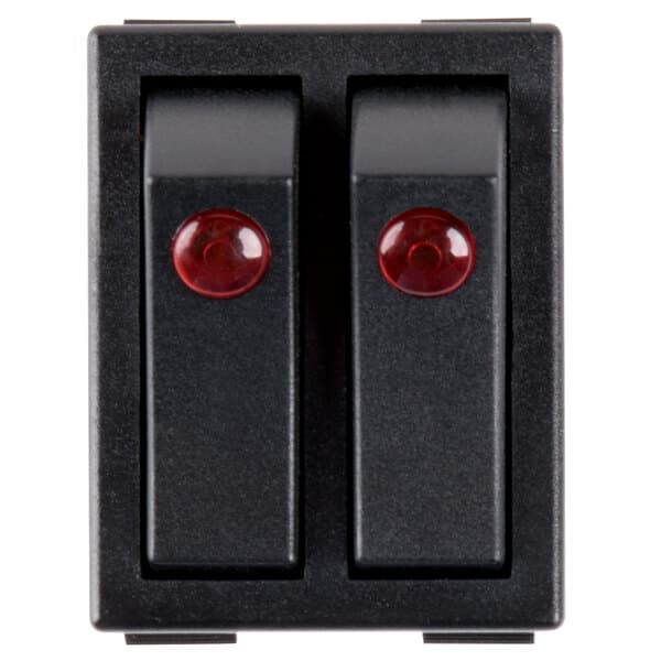 A black rectangular Avantco lighted on/off rocker switch with red lights on the switches.