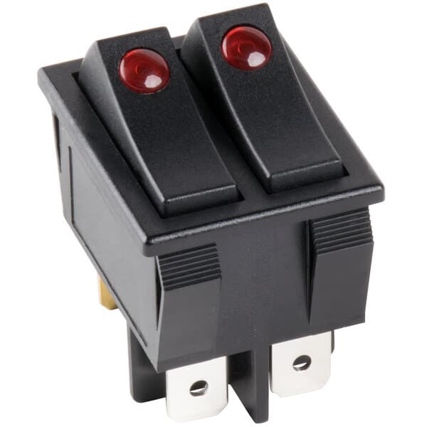 A close-up of an Avantco lighted on / off rocker switch with red lights.