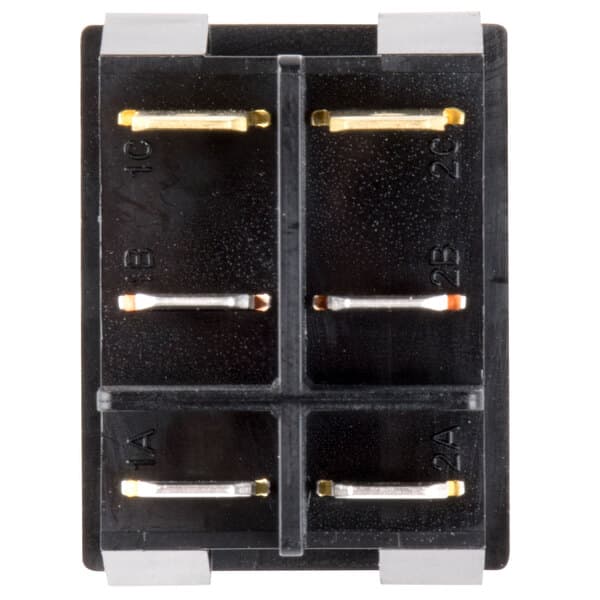 A black rectangular Avantco lighted on / off rocker switch with metal pins.