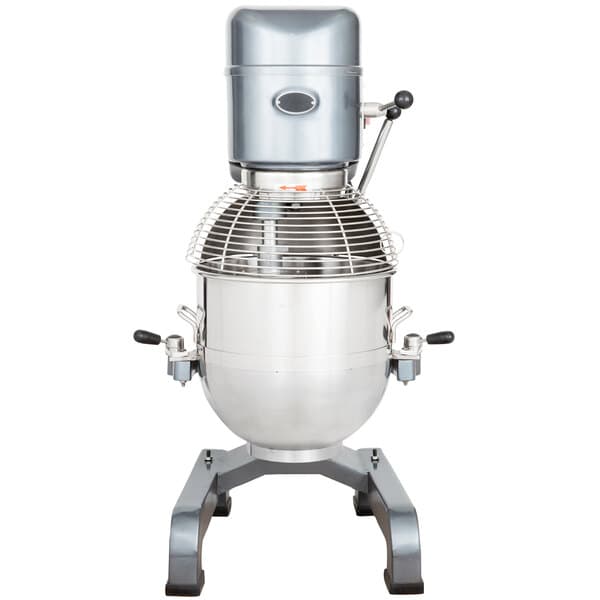 An Avantco metal bowl lock handle on a large industrial mixer.