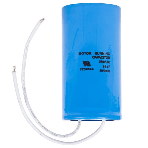A close-up of a blue Avantco motor run capacitor with white wires attached.