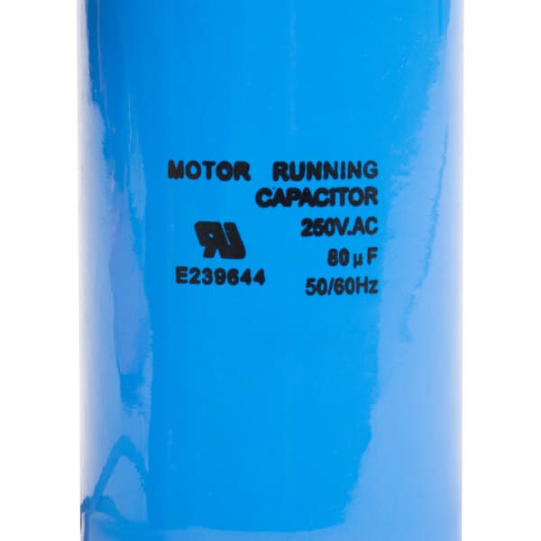 A blue Avantco motor run capacitor with black and white text.