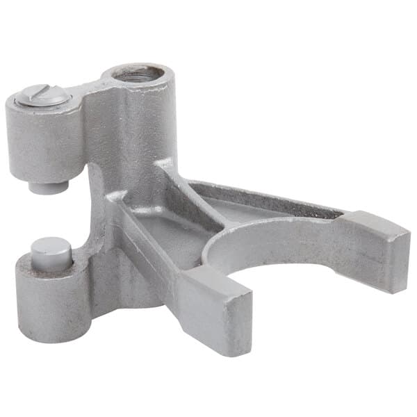 A metal fork bracket with two holes and screws.