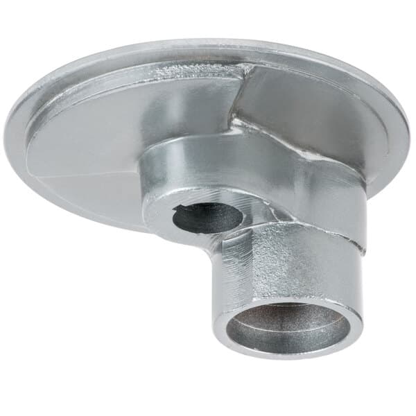 A silver metal Avantco turning plate with a hole in the center.