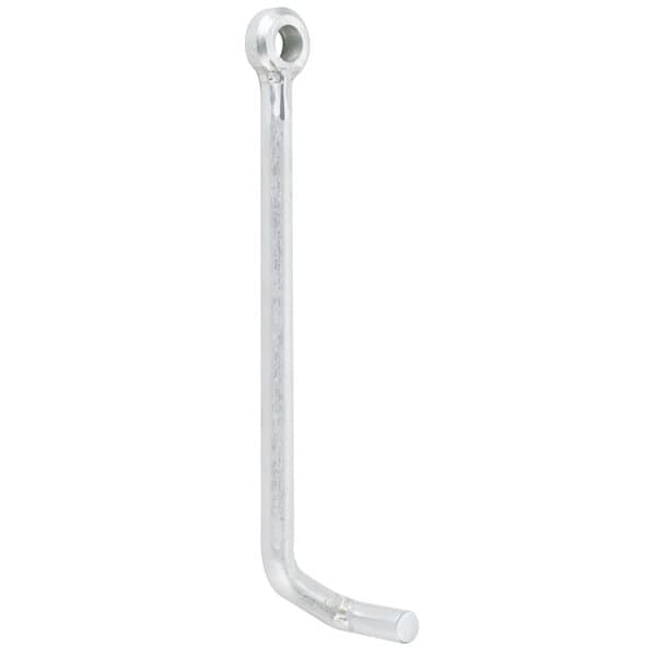 An Avantco silver metal pull rod with a white handle.
