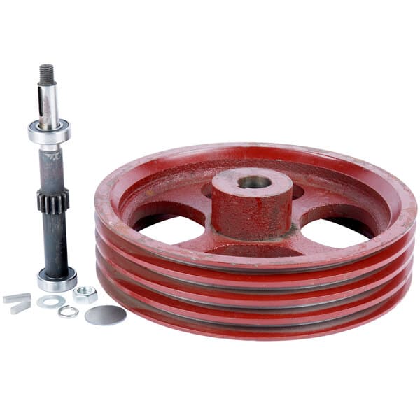 An Avantco Initiative red wheel on a metal rod.