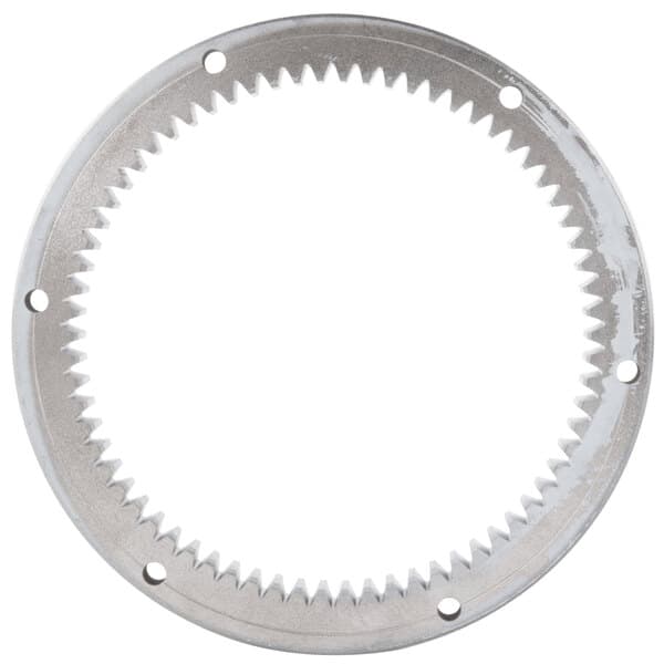 A metal circular gear ring with many small teeth.