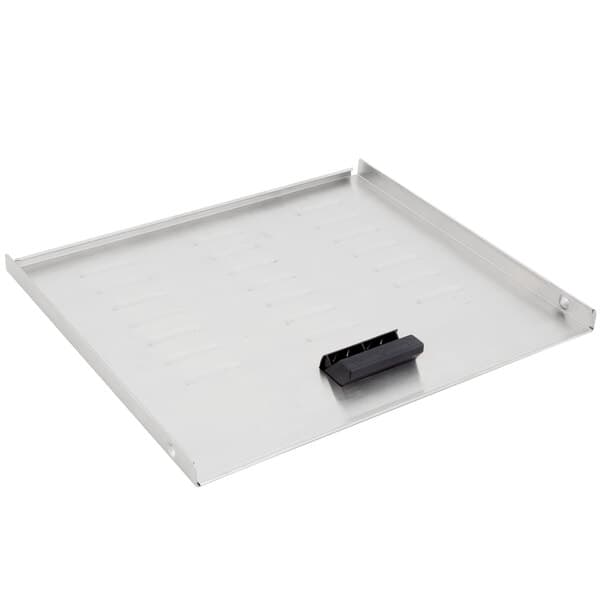 A metal tray for an Avantco food dehydrator with a black handle.