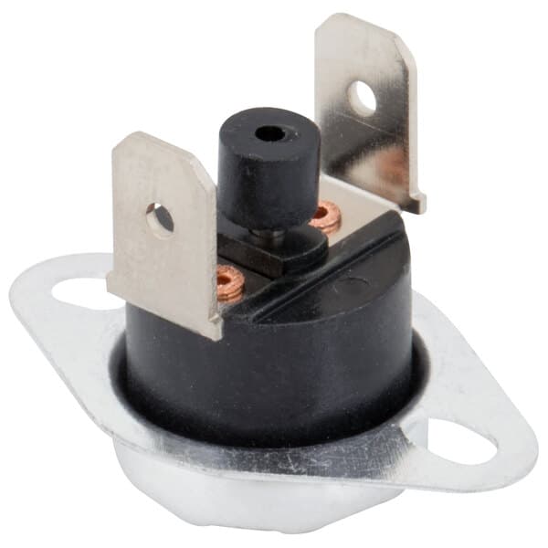 A black and silver metal temperature limiter with two holes.