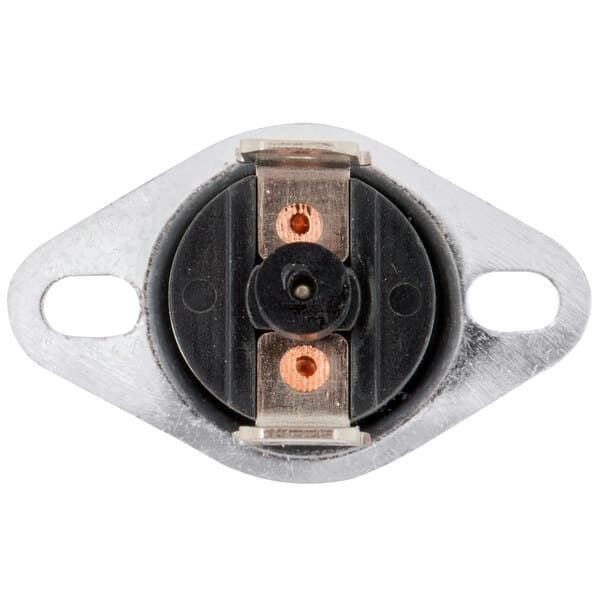 A close-up of the Avantco temperature limiter, a round metal device with two wires and a small hole.