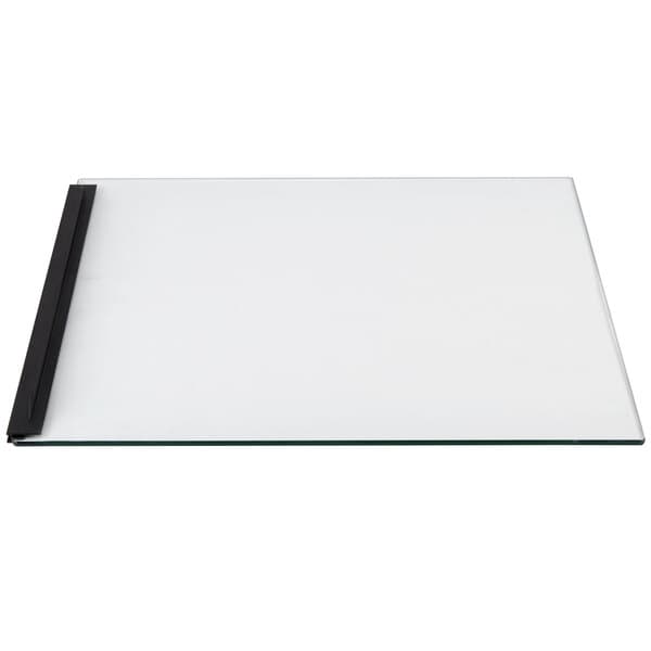 A white rectangular glass plate with black trim and a black handle.