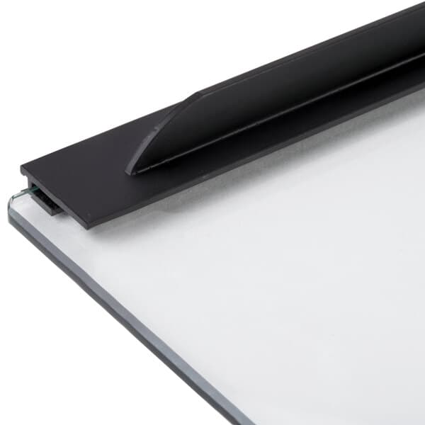 The replacement glass back door for an Avantco countertop food warmer with a black and white board and black metal bar.