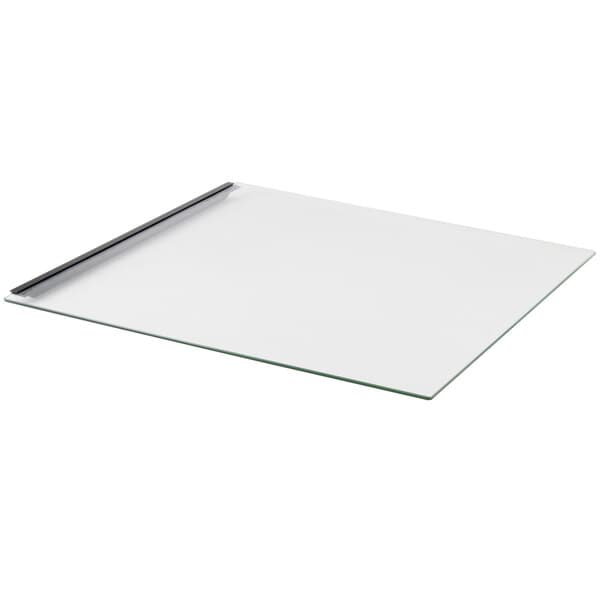 A white rectangular glass door with black trim and a metal handle.