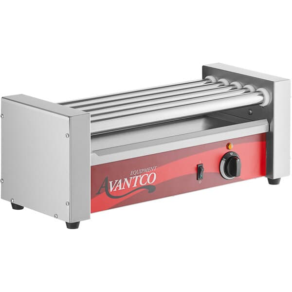An Avantco hot dog roller grill with a red and white top and a red and black label.