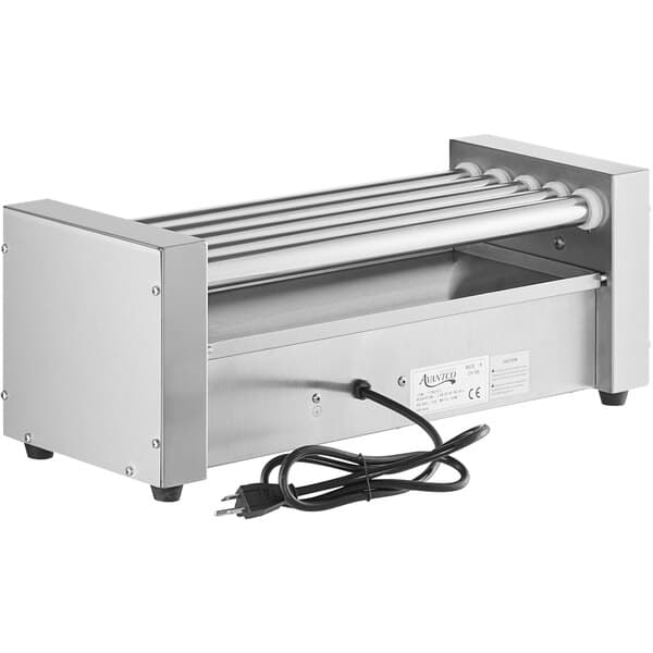 An Avantco stainless steel hot dog roller machine on a countertop with a wire.