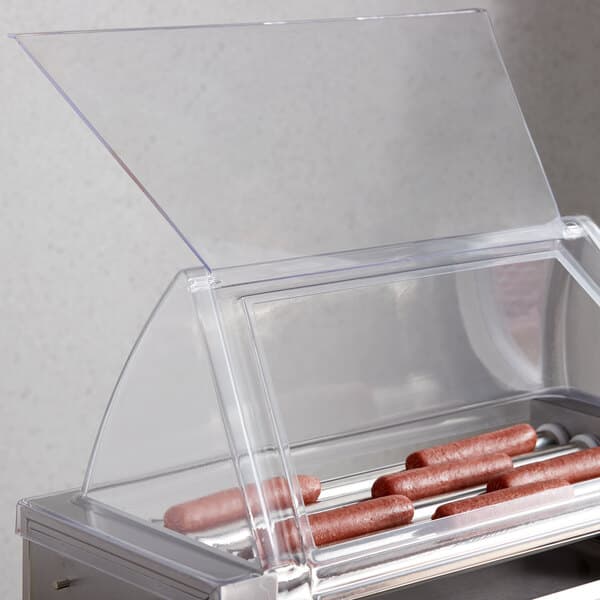 Avantco RG1812SG Sneeze Guard for hot dogs on a roller grill.