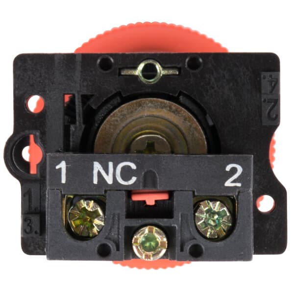 A close-up of a black and red circular Avantco Off Switch with two screws.
