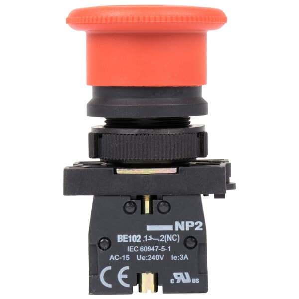 A close up of a red Avantco round push button switch.