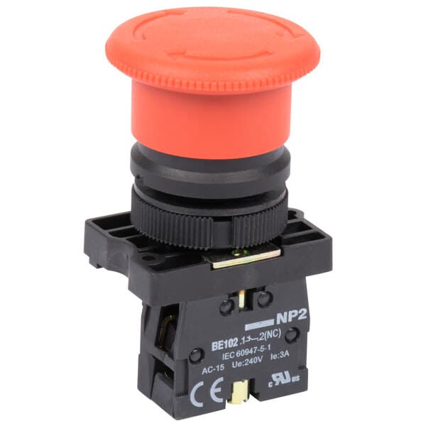 A close up of a red Avantco round push button switch.