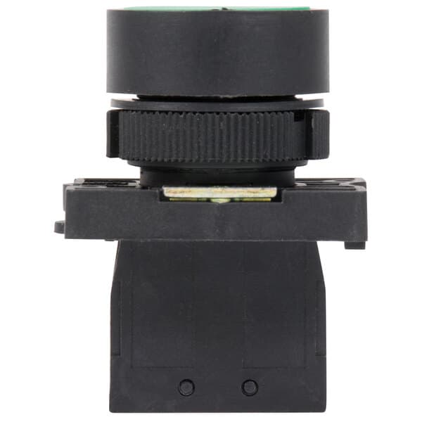 A black plastic round push button with a green circle.