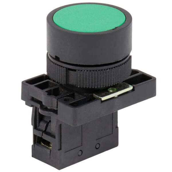 An Avantco black and green round push button switch.