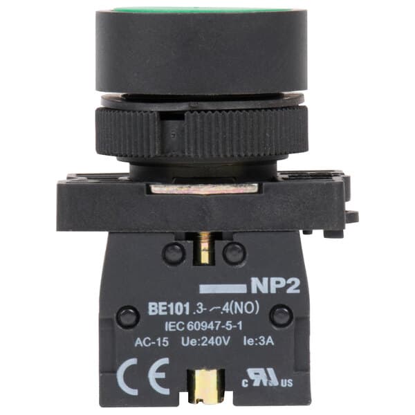 A black round push button with a green border and green light.