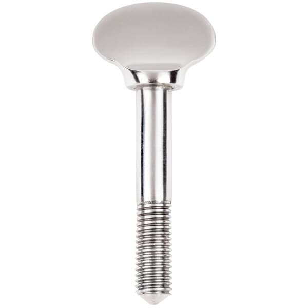 A stainless steel thumbscrew with a round head.