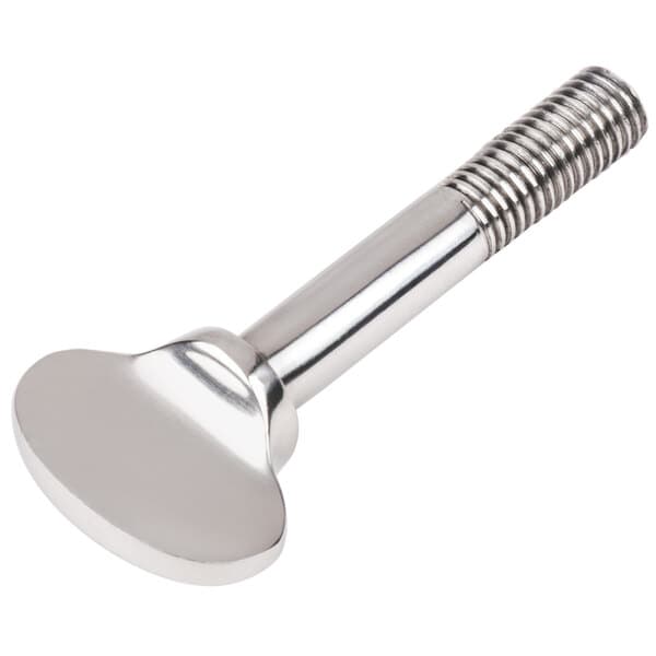 A silver metal thumbscrew with a nut.