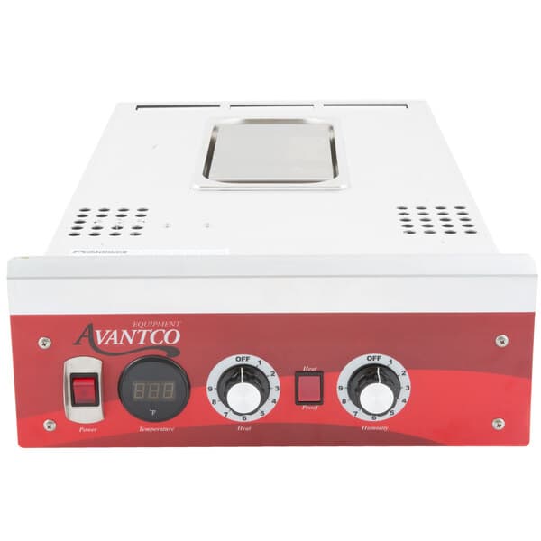 A white and red Avantco holding and proofing control drawer assembly with knobs and dials.