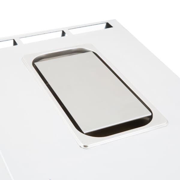A white rectangular drawer assembly with a silver rectangular button on top.