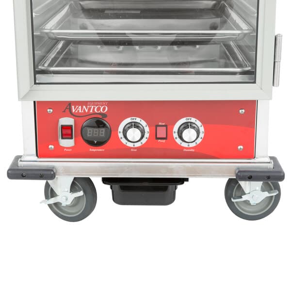 An Avantco electric hot food holding drawer with a red door.