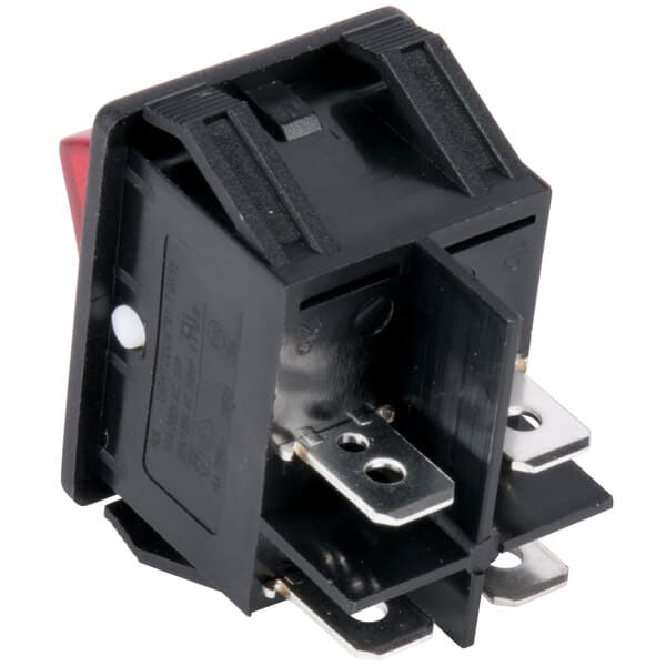 A black electrical switch with a red light.