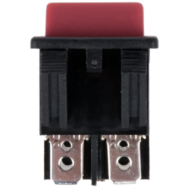 A close-up of an Avantco black and red heating/proofing rocker switch with a red button.