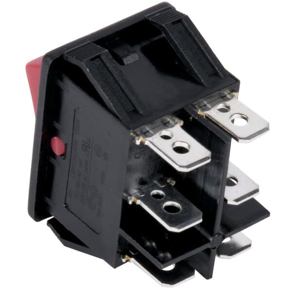 A black electrical switch with red and silver buttons.