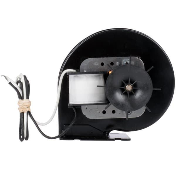 A black Avantco blower motor assembly with a wire.