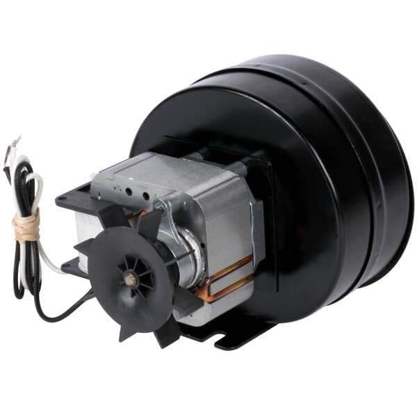An Avantco blower motor assembly with a black circular motor and a cord and wires.