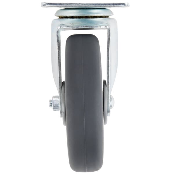 A close-up of a black rubber swivel plate caster wheel.