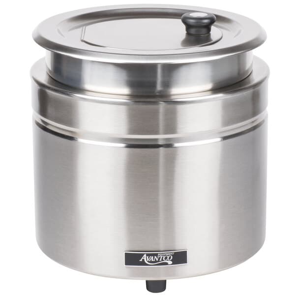 An Avantco stainless steel round countertop food warmer with a lid.