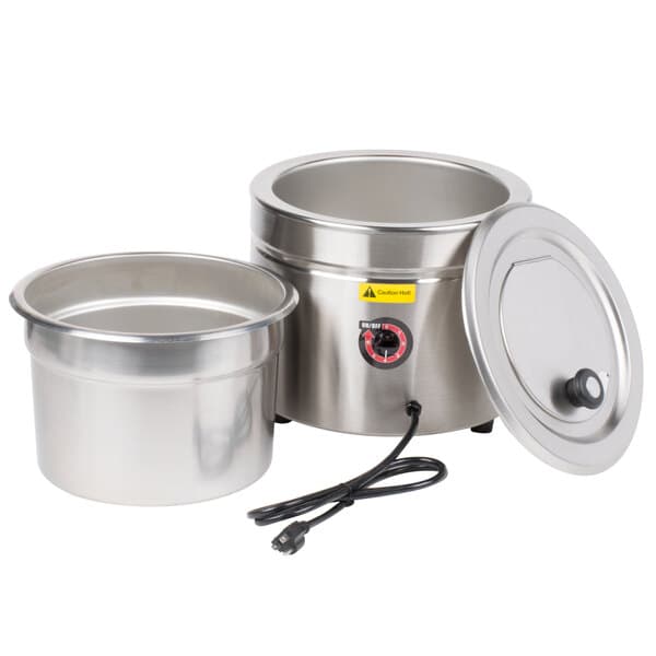 An Avantco stainless steel countertop soup warmer with a lid.