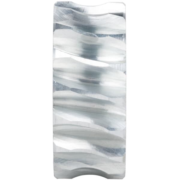 A close-up of a silver metal worm wheel gear.