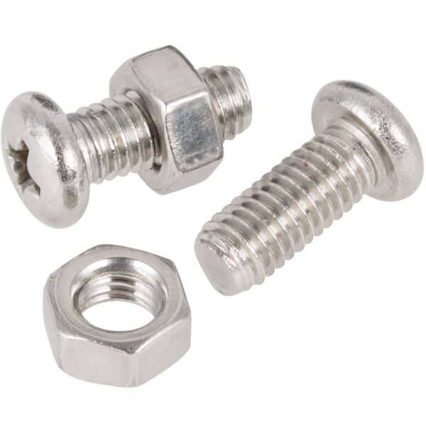A close-up of a screw and nut on a white background.