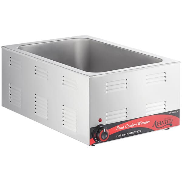 An Avantco countertop food cooker and warmer with a stainless steel rectangular container and red knob.