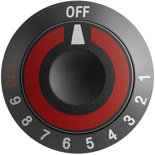 A close-up of a black and red Avantco control knob with white numbers.