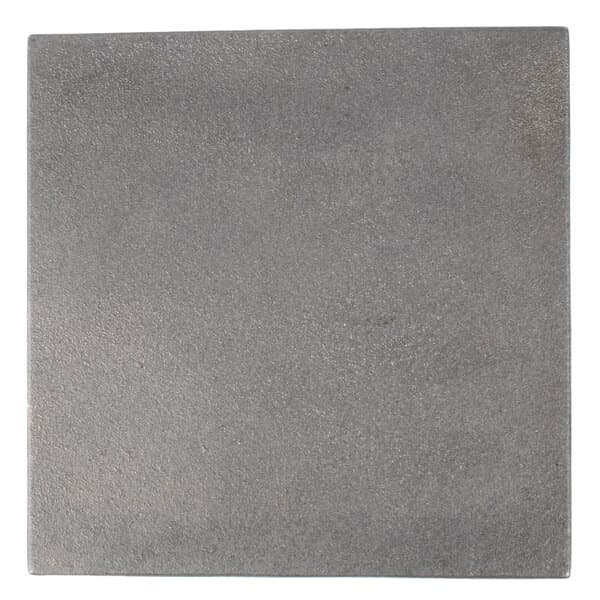 A grey square flat top grill plate with white specks.