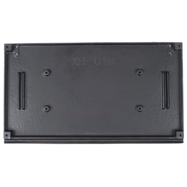 A black rectangular flat grill plate for an Avantco sandwich grill with screw holes.